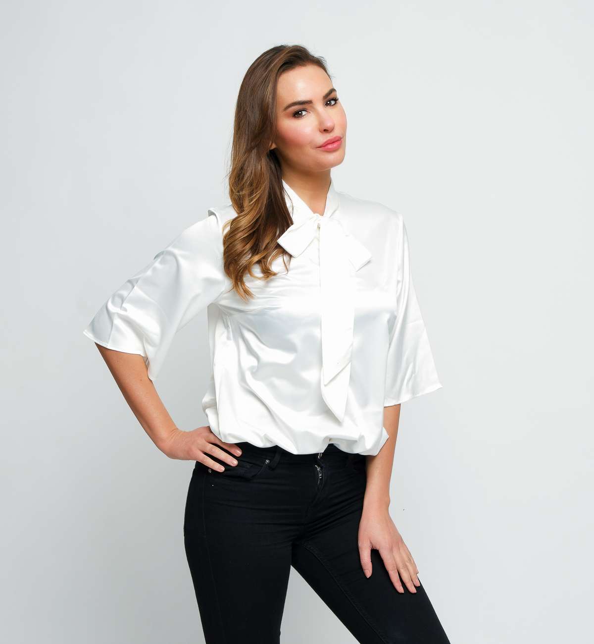 Body Satin Col Cravate  Manche 3/4