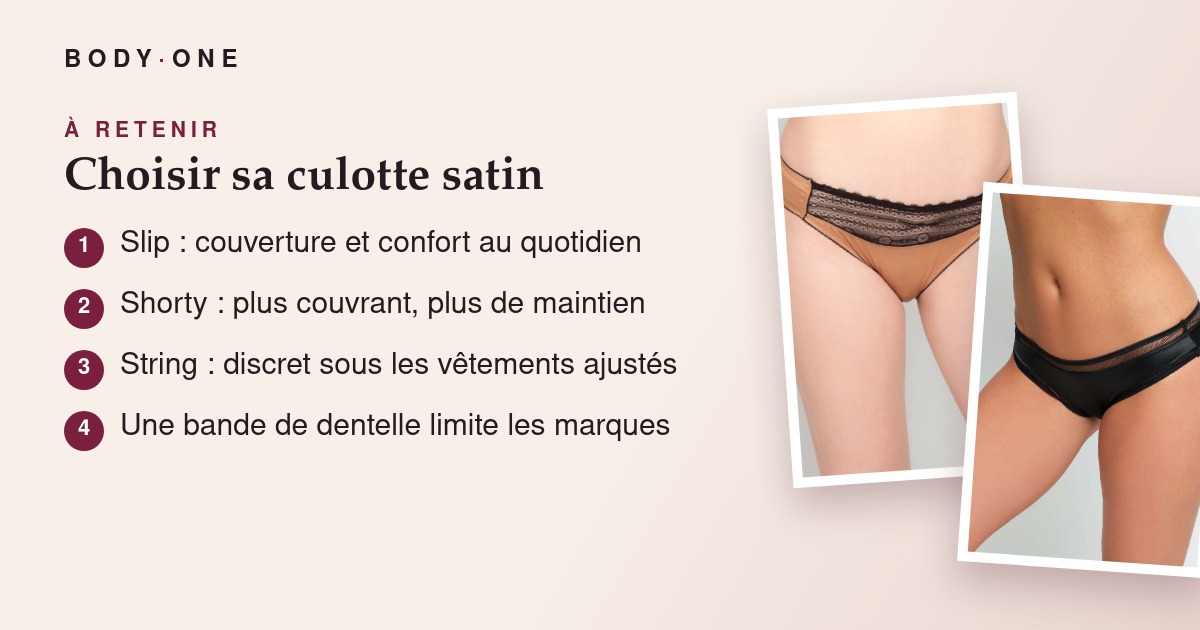 Comparatif des coupes de culotte en satin : slip, shorty, string